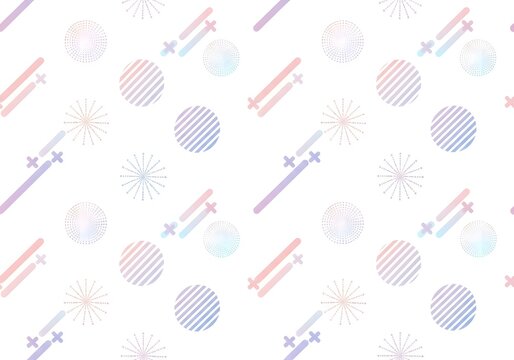 Cute pastel seamless pattern with striped circles, fireworks, and crosses on white