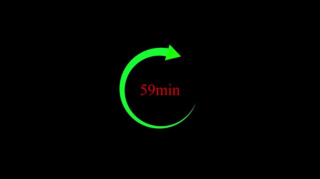 Green 59 minute countdown timer with rotating arrow on black background 4k motion video..