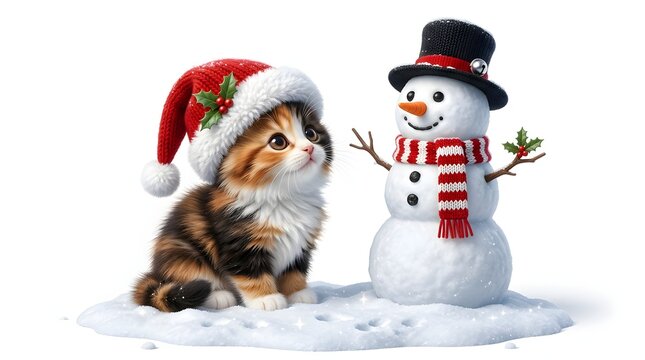 Cute kitten sitting with cheerful snowman holding holly in winter scene