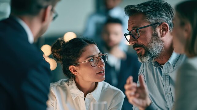 Diverse business people in deep conversation during a late-night meeting with warm office lighting