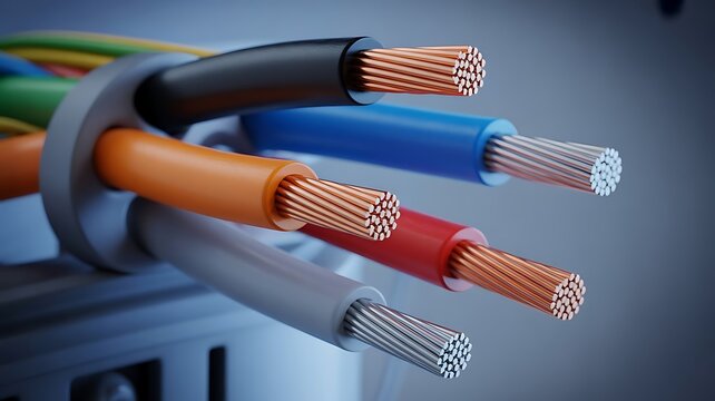 Industrial electrical cable bundle with multi-colored insulation and exposed copper strands held together by a grey plastic cable tie mount