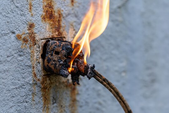 The burnt electrical outlet with exposed wire and flickering flame