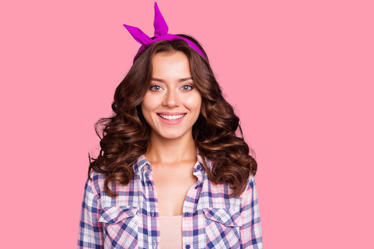 Portrait of her she nice cheery content sweet lovely adorable attractive pretty lady wearing head band looking straight to camera isolated over violet pastel background