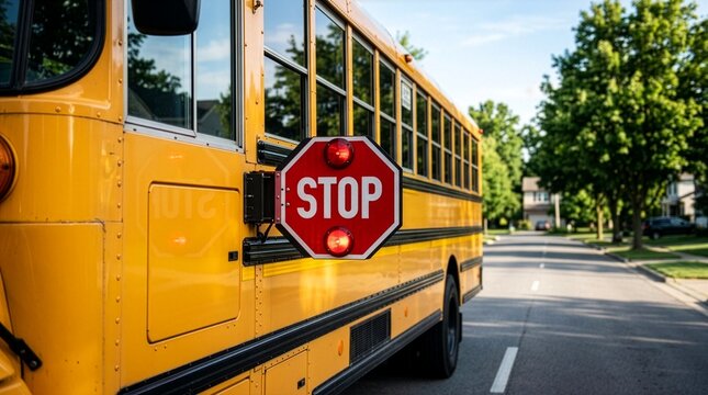 A close-up view of a yellow school bus parked on a quiet suburban residential street, extending its red stop sign with warning lights to ensure children safety on a sunny afternoon.