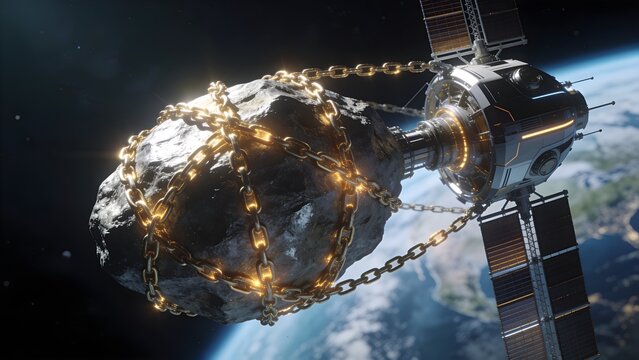 Metallic asteroid bound in heavy golden chains near earth concept of space mining rights and orbital resource monopoly