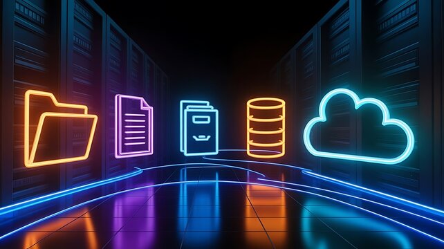 Neon data storage and cloud computing floating in a dark server room representing digital infrastructure and modern network technology