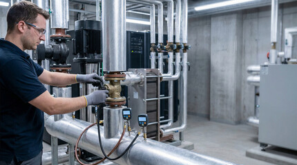Obraz premium Cooling specialist performing preventive maintenance on coolant distribution unit and circulation pump in data center server room. Liquid cooling system engineering and industrial technology.
