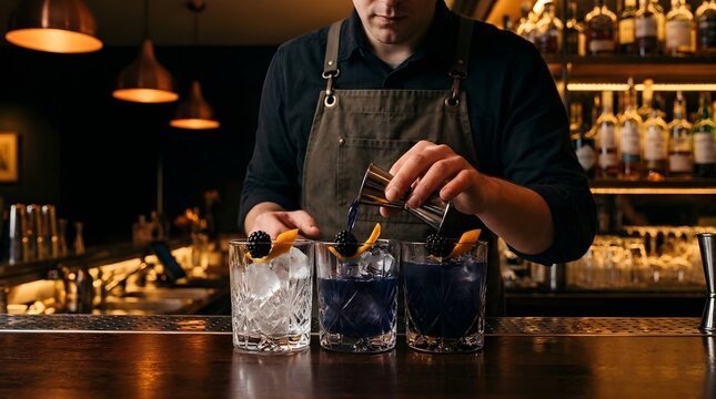 Professional Bartender Pouring Blue Cocktail Mixture from Metal Jigger into Elegant Crystal Glasses with Ice, Blackberry and Orange Peel Garnish in a Dimly Lit Upscale Bar Interior