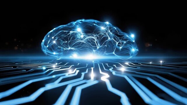 Abstract futuristic glowing brain made of light and circuits, representing artificial intelligence, technology, and innovation. ..Created with Generative AI, not depicting real subjects.