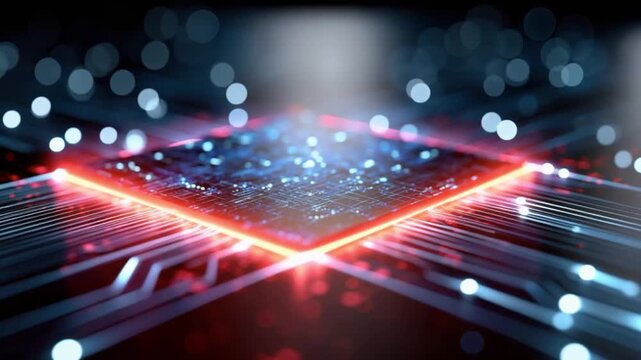 An abstract digital representation of a central processing unit (CPU) or microchip, glowing with red and blue light. ..Created with Generative AI, not depicting real subjects.