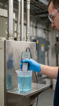 Cooling specialist testing blue coolant with digital meter during coolant distribution unit maintenance. Liquid cooling system inspection in industrial data center equipment room.