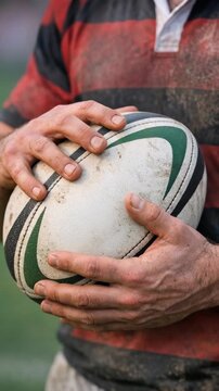 Close-up of a player's muddy hands holding a rugby ball