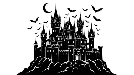 Obraz premium Gothic spooky castle silhouette with flying bats and crescent moon, haunted medieval fortress on a rocky cliff, dark halloween palace vector illustration