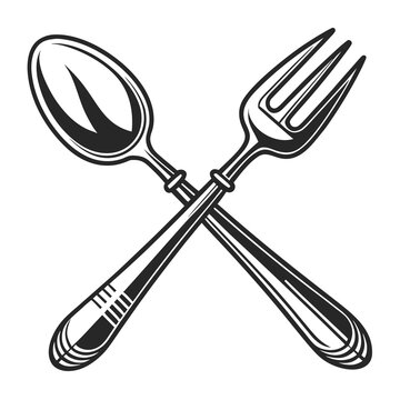 A detailed black and white of a classic silver spoon and fork crossed over each other, isolated on a white background