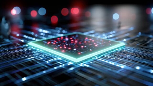 A glowing central processing unit (CPU) sits at the heart of a digital circuit board, with illuminated lines of data flowing around it. ..Created with Generative AI, not depicting real subjects.