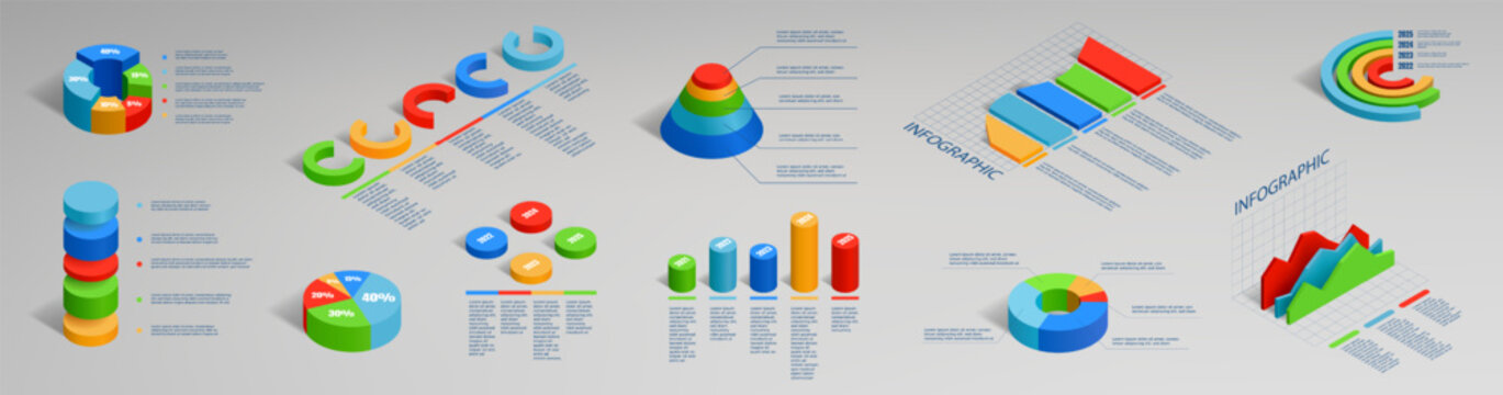 Isometric infographic. 3d graphic chart pie, statistic graph diagram or round bar info set for market. Business data visualization with results and funnel diagrams for analytic, vector design
