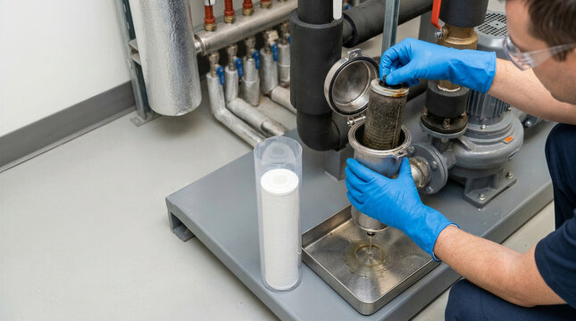 Cooling specialist inspecting a circulation pump filter in a liquid cooling system. Preventive maintenance of data center coolant distribution equipment and industrial heat management.