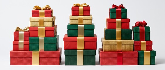 Obraz premium Five stacked piles of wrapped christmas gift boxes in red green and gold on white background
