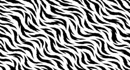 Fototapeta premium Abstract Black and White Tiger Stripe Pattern with Dynamic Irregular Brushstroke Lines, Wild Animal Skin Texture