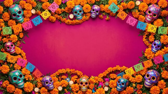A vibrant and colorful d a de los muertos heart shaped frame adorned with marigolds and skulls celebrating life and remembrance of