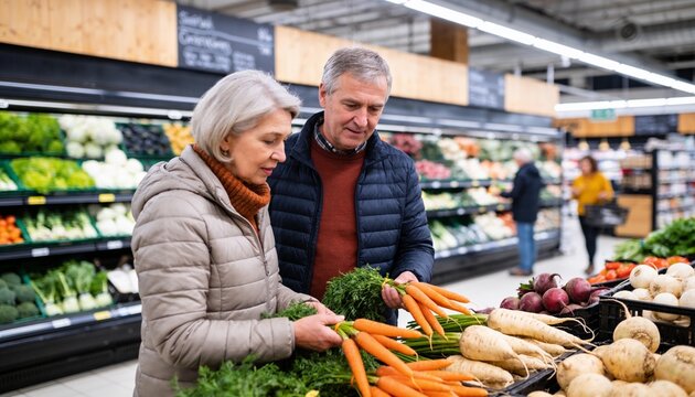 Senior couple choosing fresh organic carrots in supermarket produce section, mature man and woman shopping for healthy food ingredients together