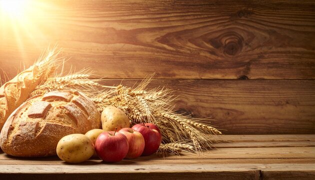 Rustikales Bauernbrot mit &Auml;pfeln, Kartoffeln und Weizen&auml;hren zum Erntedank mit Copyspace