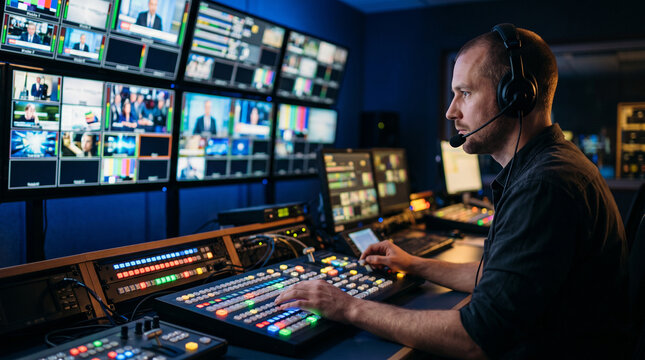 Professional broadcast engineer managing live video feeds in a television studio control room, wearing a headset while monitoring screens and coordinating broadcast operations.