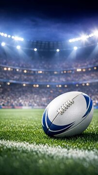 Rugby Ball on Grass Field in Stadium at Night