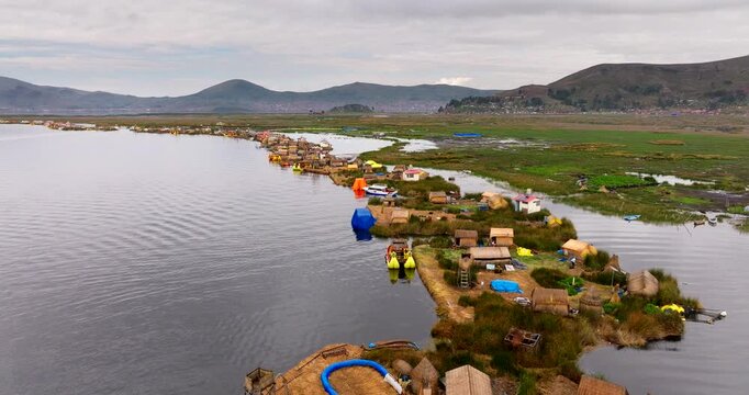 Uros floating islands on Lake Titicaca made from totora reeds, aerial