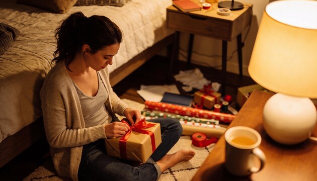 Young woman sitting on bedroom floor wrapping Christmas gift box with red ribbon, preparing holiday presents in cozy evening atmosphere with warm lamp light.