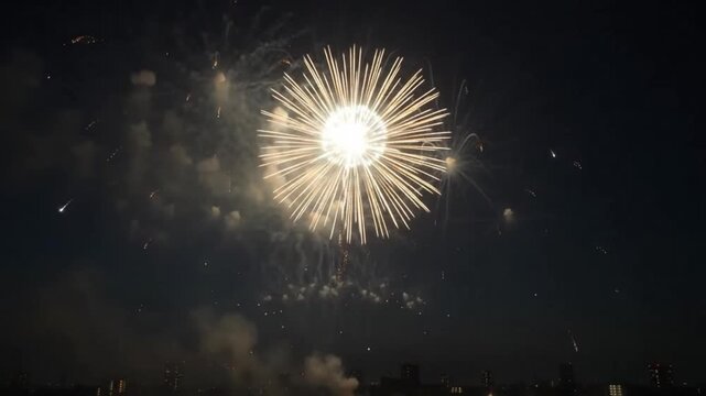 Cinematic fireworks exploding in a clear night sky above a distant city skyline, featuring colorful golden, white, red and blue bursts with realistic sparks, smoke and atmospheric glow.