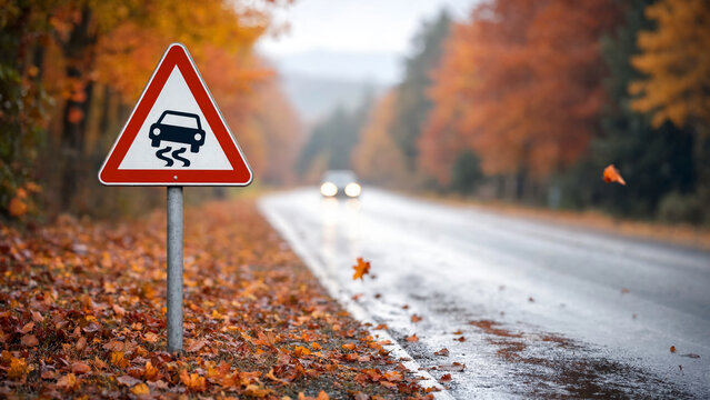 Wet autumn road with skidding vehicle warning sign, hydroplaning danger, fallen leaves near traffic lane, driver braking distance awareness