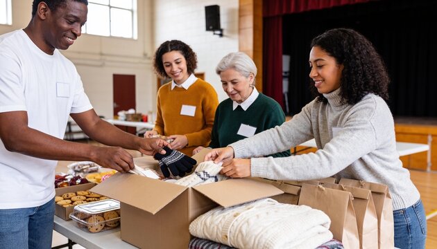 Diverse group of volunteers packing warm clothes and food into donation boxes in a community hall, supporting local charity drive and social relief outreach