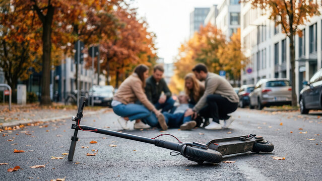 Bystanders assisting person after electric scooter fall on city road, urban micromobility injury, accident response, shared street safety