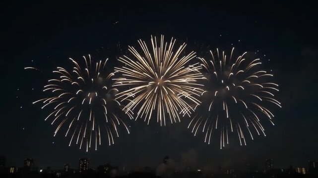 Cinematic fireworks exploding in a clear night sky above a distant city skyline, featuring colorful golden, white, red and blue bursts with realistic sparks, smoke and atmospheric glow.