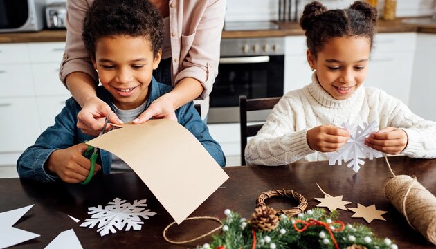 Mother helping children cut handmade paper snowflakes at kitchen table, festive Christmas preparation and creative winter craft activity at home