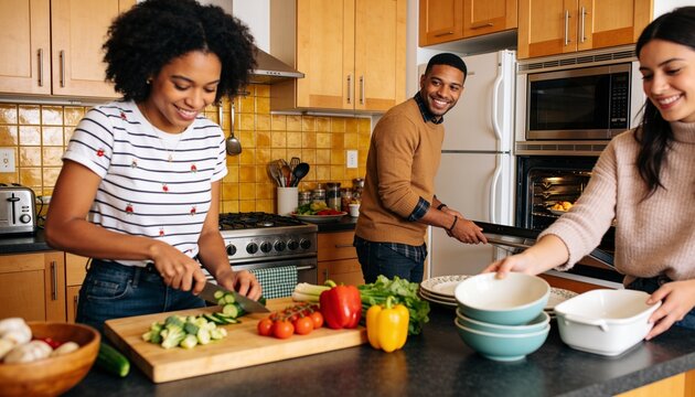 Diverse group of smiling young adult friends cooking dinner together in a bright home kitchen, preparing fresh vegetables and meal for social gathering.
