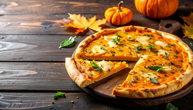 Herzhafter K&uuml;rbis Flammkuchen mit K&auml;se und Kr&auml;utern auf herbstlichem Holztisch