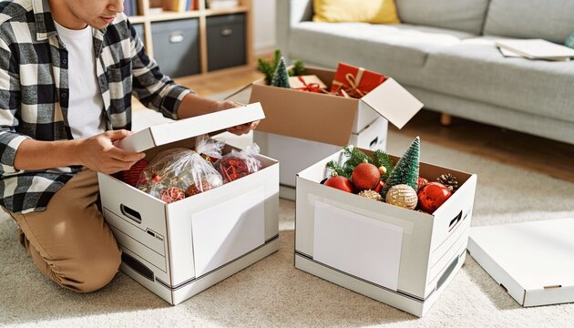 Young man opening cardboard storage boxes with Christmas decorations and ornaments at home, preparing for winter holiday festive celebration in living room