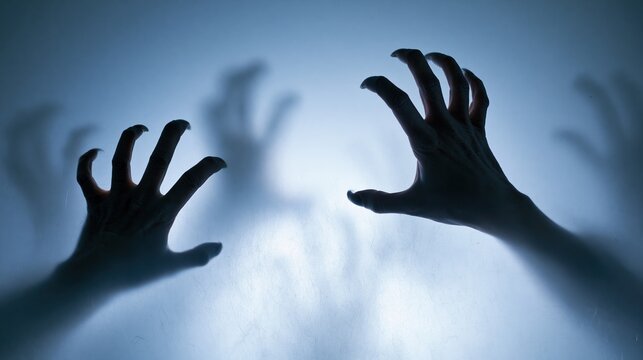 Silhouetted hands with clawed fingers grasping against a frosted glass surface in a dark eerie setting