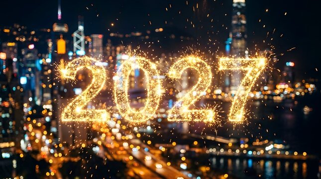A vibrant and luminous depiction of the year 2027 illuminated against a stunning cityscape at night symbolizing hope celebration and the dawn of a new