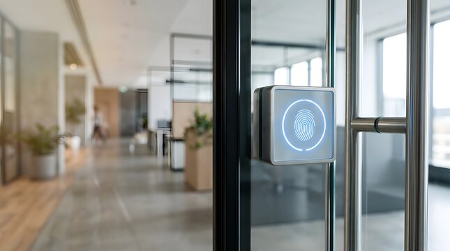 Fingerprint biometric security scanner on a glass office building door