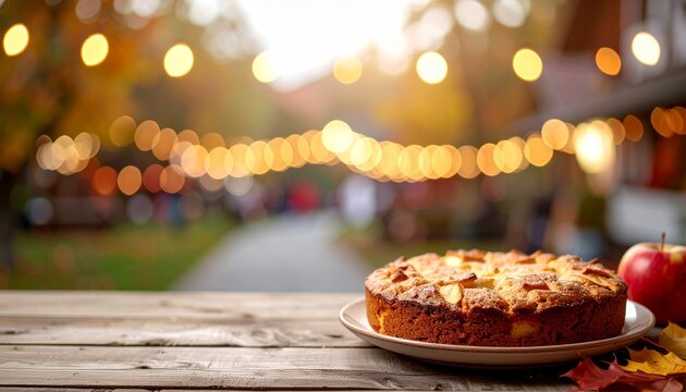 Frischer Apfelkuchen auf Holztisch vor herbstlichem Markt mit Lichterketten
