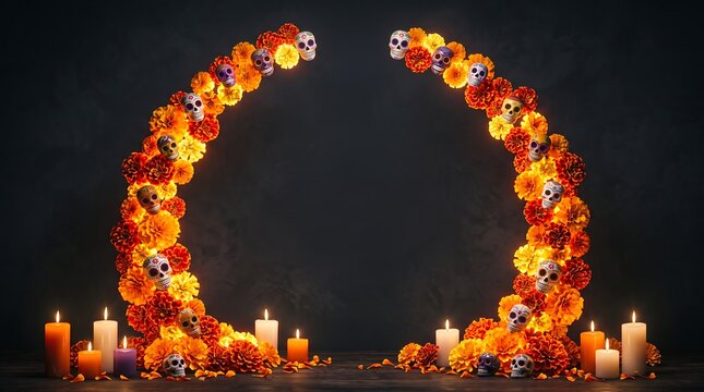 A vibrant and colorful archway of marigolds and candles illuminates the spirit of d a de los muertos honoring loved ones who