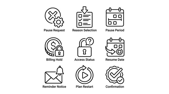 Pause request reason selection pause period billing hold access status resume date reminder notice.