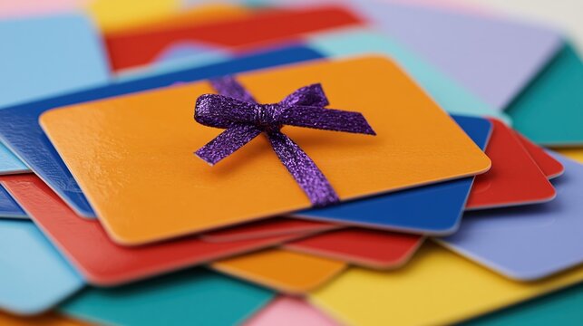 The Gift Card Stack with Purple Ribbon Bow on Multicolored Cards