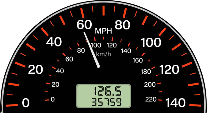  car speedometer dashboard with mph and kmh scale