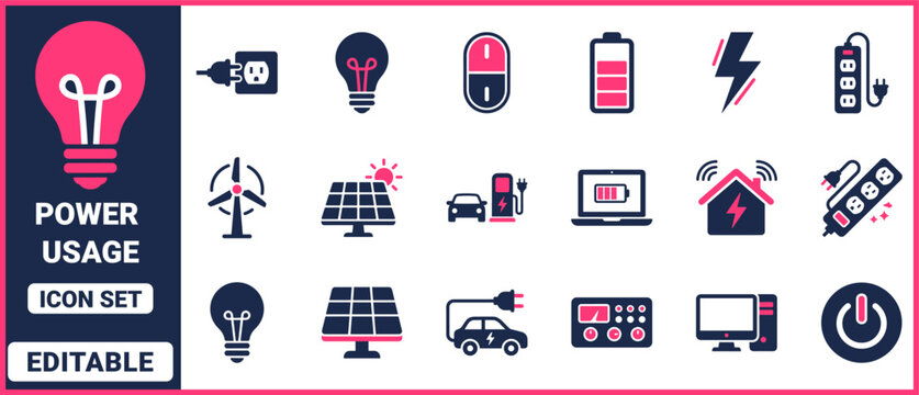 Power usage icon set with renewable energy sources and electrical devices. modern minimalist design for energy management.