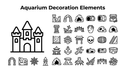 Obraz premium Aquarium Decoration Elements: A collection of diverse illustrated icons representing various elements for aquarium decoration, including castles, bridges, plants, and historical structures.