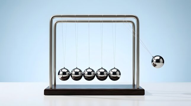 Classic Newton's Cradle with Metal Spheres on Wooden Base Against Blue Background, One Ball Swinging to Demonstrate Conservation of Momentum and Physics Laws for Education and Office Decor.
